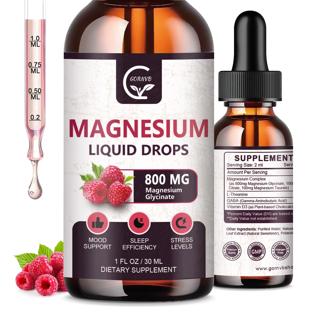 (2 Pack) Glycinat de magnésium gouttes liquides de 1000mg Complexe de magnésium liquide avec D3, L-Thea et GABA pour l'énergie, le sommeil, la nervosité et la santé cardiaque, haute absorption, framboise