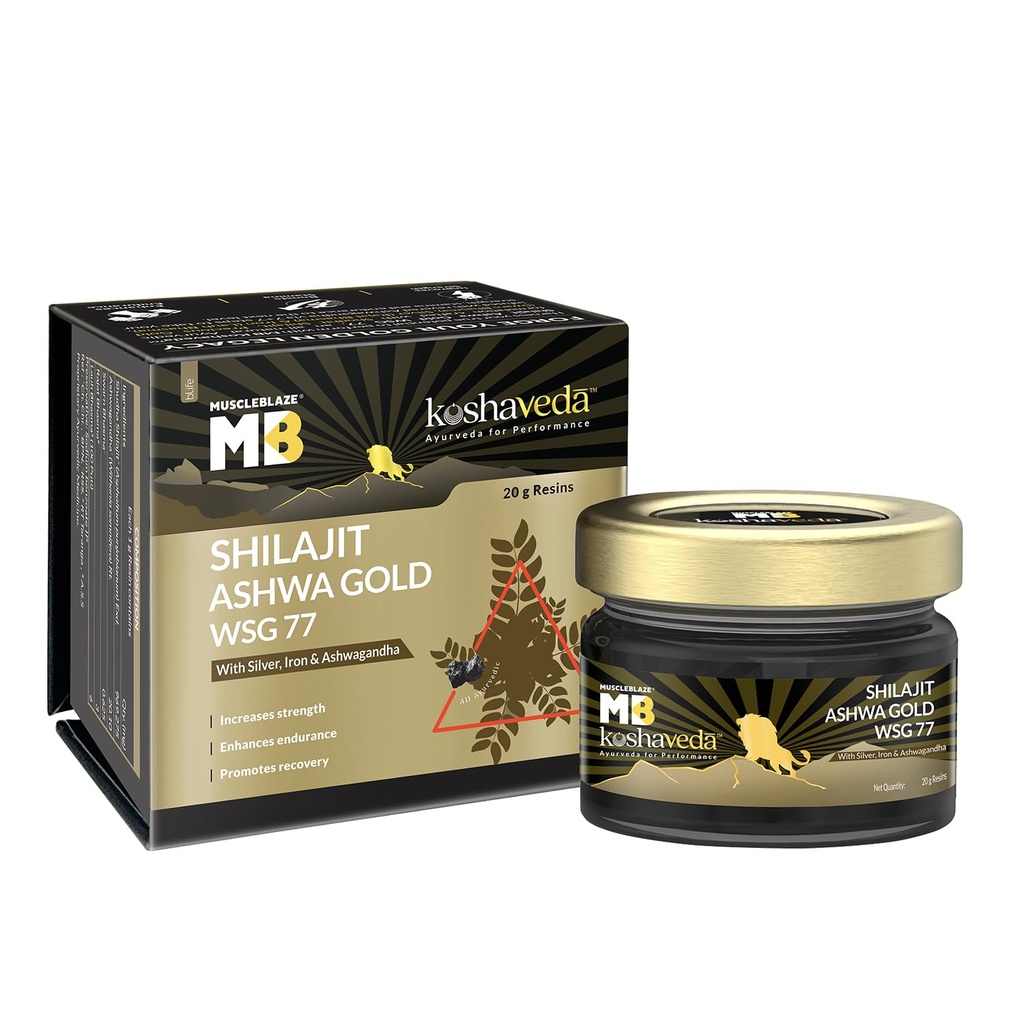 Koshaveda Shilajit Ashwa Gold Wsg 77 By Muscleblaze (20 G)|Fortified With Silver,Iron & Ashwagandha|For Strength,Endurance & Recovery,Resin
