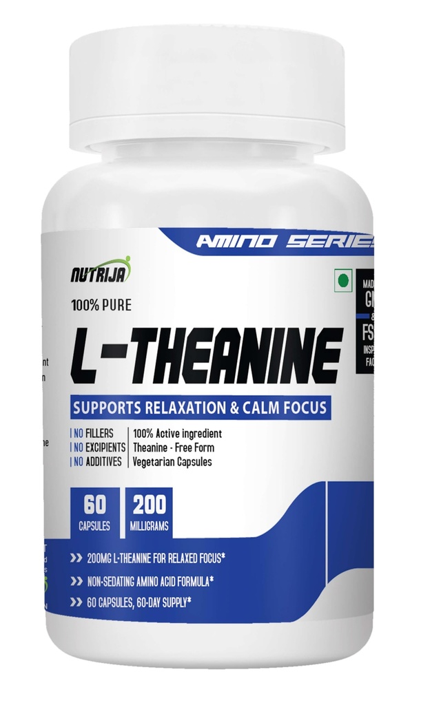 NutriJa L-Theanine 200MG 60 Capsules | Promotes natural Relaxation, Restoration and Relief of Stress | Reduces anxiety & Support Brain Health (60 Capsules), 80 grams