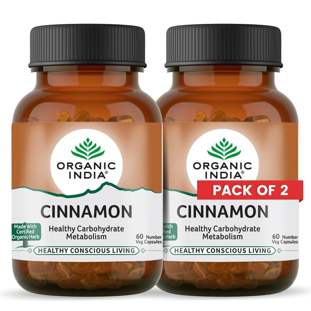 A TATA Product - Organic India Cinnamon - 60 Veg Capsules (Pack of 2), Improves Appetite & Digestion, Carbohydrate Metabolism, Insulin Regulation, Rich In Natural Antioxidants, Boosts Immunity