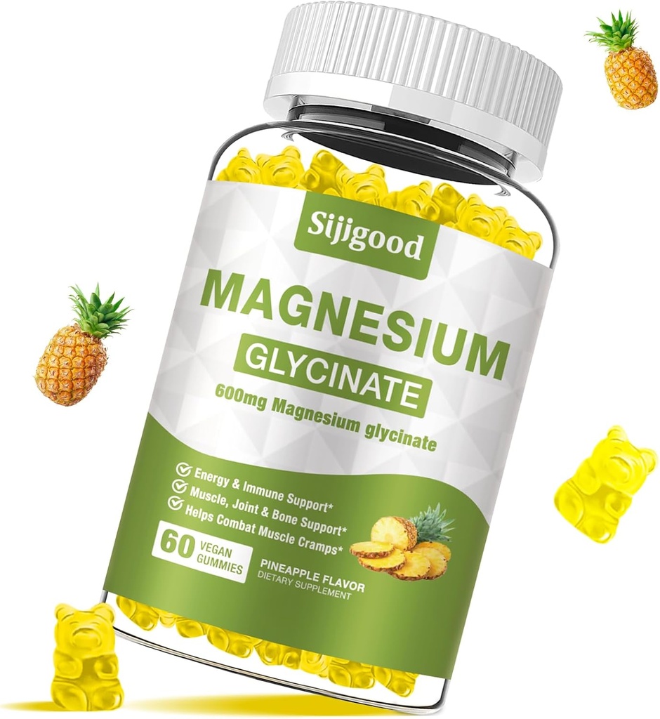 Magnésium Glycinat Gommies 600mg, Relaxation & Zzz support, supplément de potassium de magnésium pour adultes et enfants sans sucre, vitamine C, B6 et CoQ10 ananas, 60 Nombre