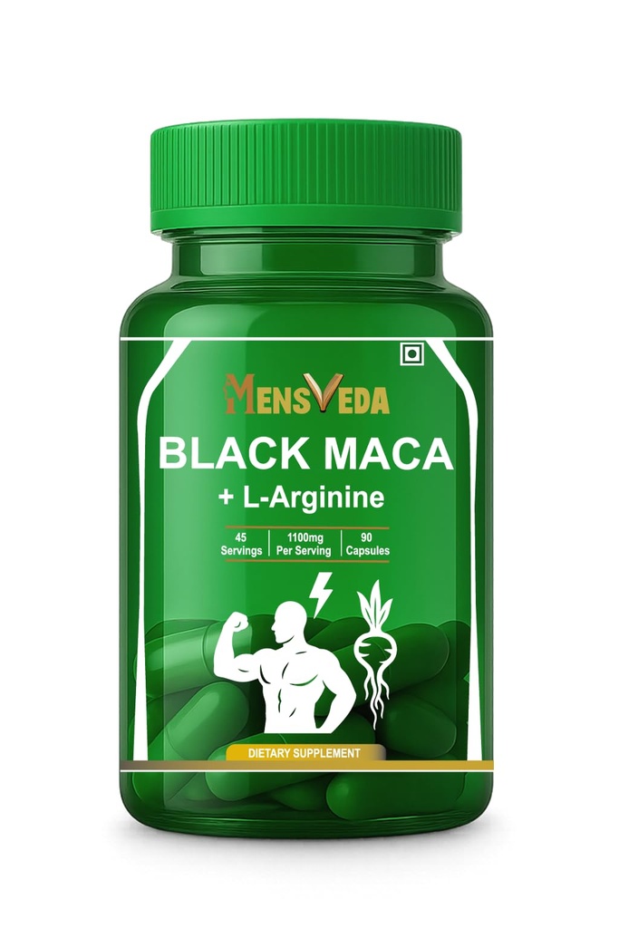 Black Maca 1100mg with L-Arginine | Energy, Stamina & Vitality Support Capsules | Peruvian Maca Root Extract for Daily Performance & Endurance | 90 Veg Capsules Dietary Supplement