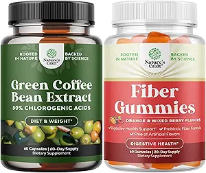 Ensemble d'extrait de fève de café vert pur avec 50% d'acide chlorogène pour la santé cardiaque antioxydante Mental Focus et Gommies de fibre de goût avec racine de chicorée soluble prébiotique pour l'immunité