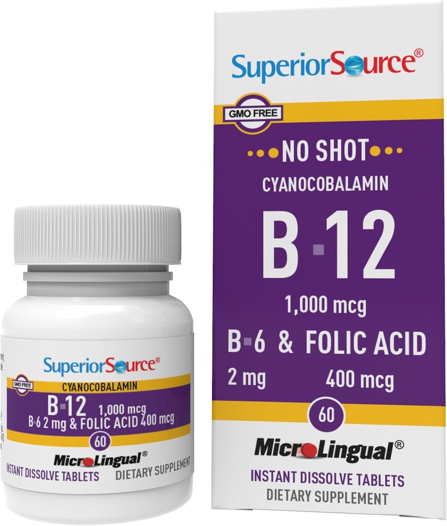 Superior Source No Shot Vitamine B-12 Cyanocobalamine 1000 mcg, B-6, Acide folique 400 mcg - Soutien Santé du cerveau et du coeur - Aide les niveaux d'énergie naturelle - 60 comprimés de dissolution sublinguals