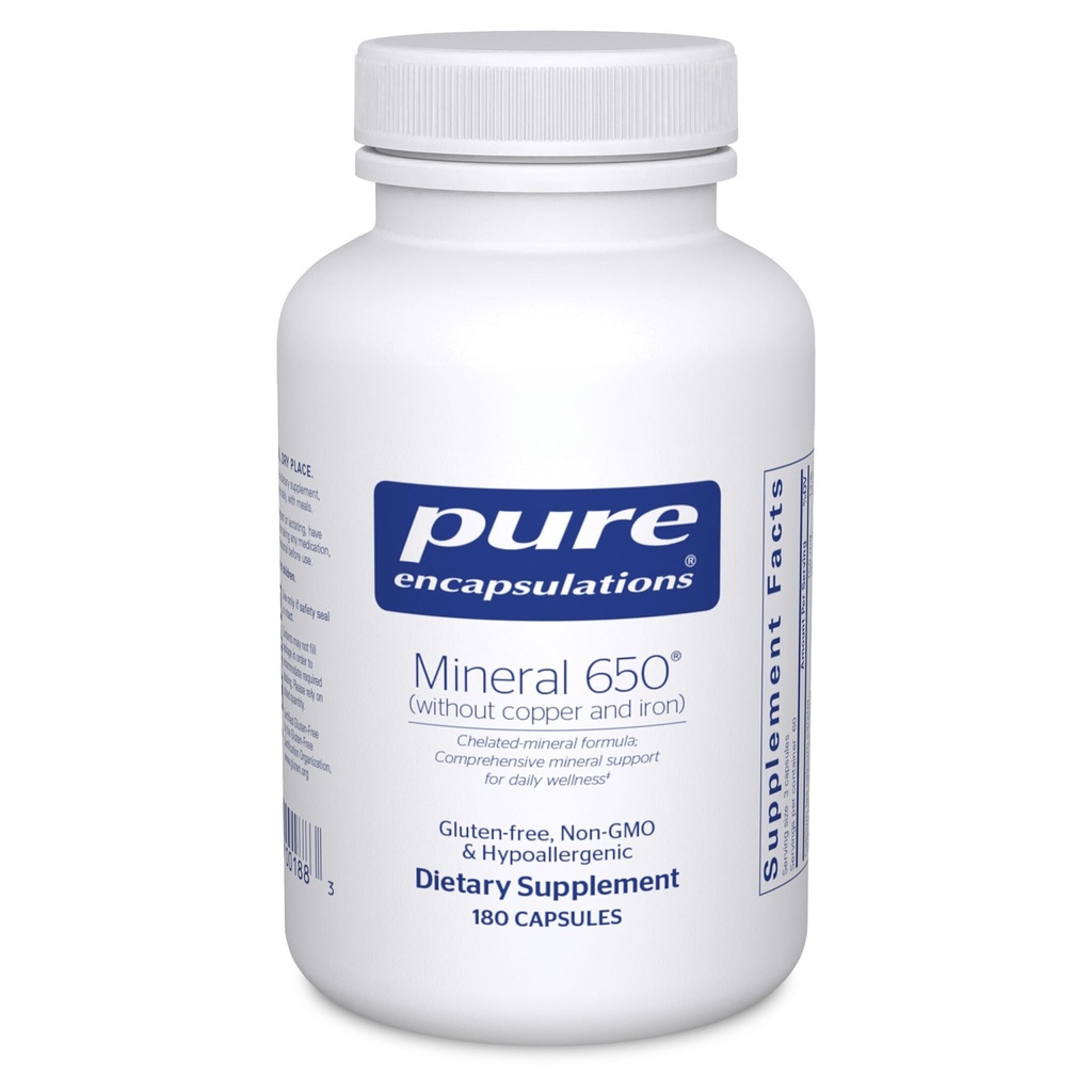 Encapsulations pures Minéral 650 Sans Cuivre et Iron Combinaison hypoallergénique de Chélaté Équilibré Minéraux 180 Capsules