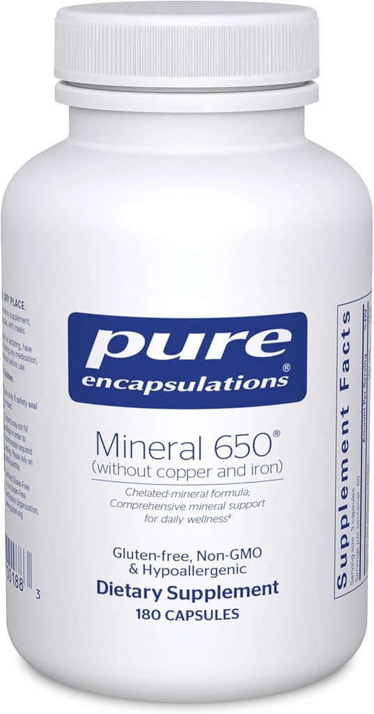 Encapsulations pures Minéral 650 Sans Cuivre et Iron Combinaison hypoallergénique de Chélaté Équilibré Minéraux 180 Capsules