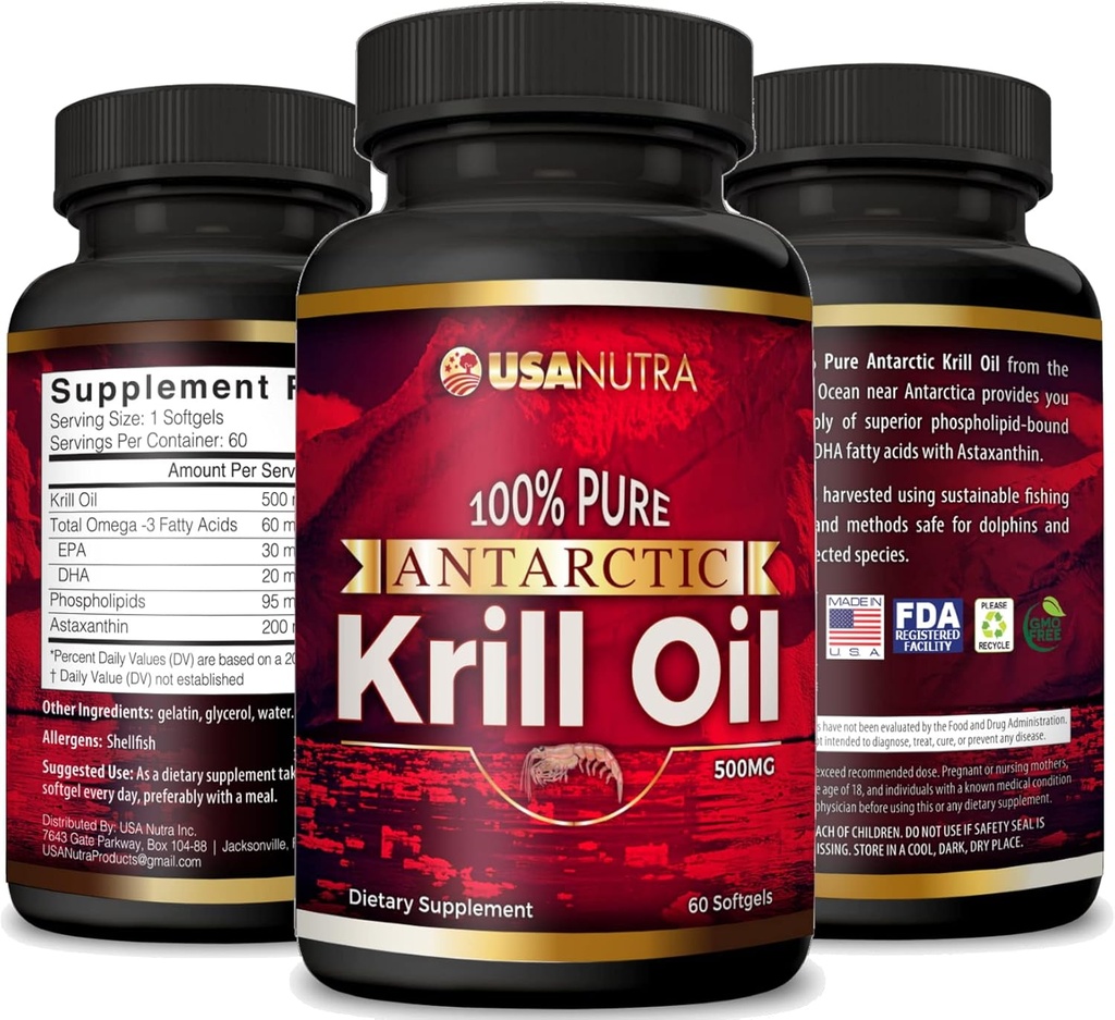 Huile de krill antarctique Softgels 100% Pure avec Omega-3 EPA DHA Astaxanthin 1000mg par jour (2 Softgels). Fabriqué aux États-Unis