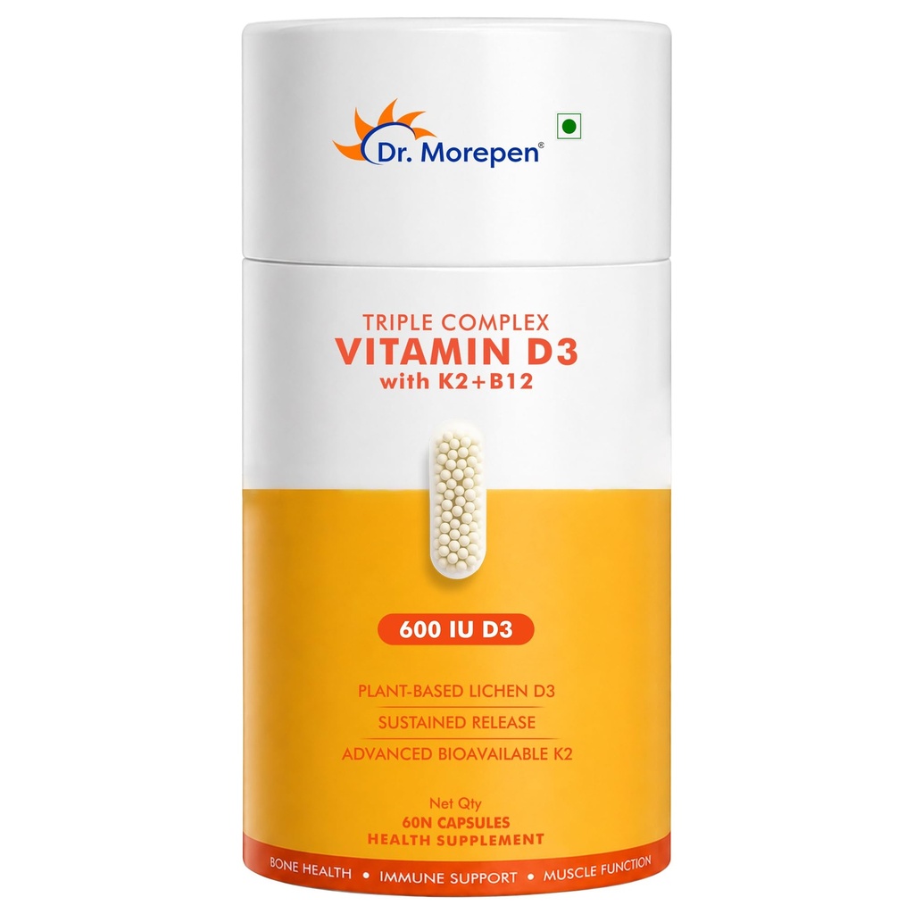 Dr. Morepen Triple Complex Vitamin D3 | 600 IU D3 + 55mcg K2 MK-7 + B12 | Supports Bone Strength, Calcium Absorption & Immunity | Plant-Based | 60 Capsules