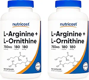 Nutricost L-Arginine L-Ornithine 750mg; 180 Capsules (2 bouteilles)