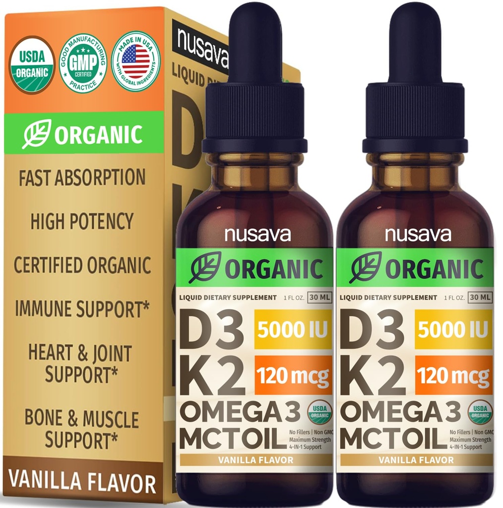 (2 Pack) Vitamine biologique D3 K2 gouttes avec l'huile MCT Oméga 3, 5000 UI - Résistance maximale Vitamine D Liquide, Pas de remplissage, non-OGM liquide D3 pour l'absorption plus rapide et le soutien immunitaire (Vanilla, 1 Fl OZ x 2)