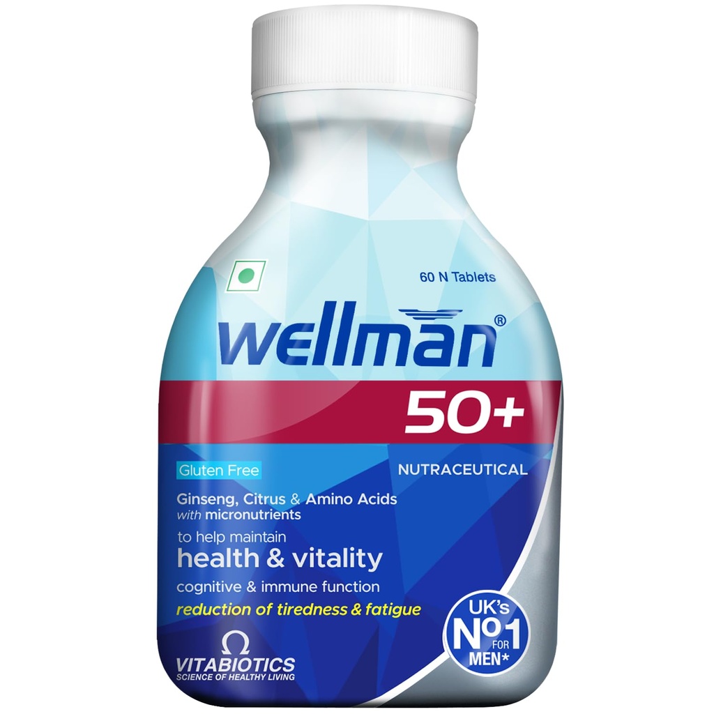 Wellman 50+ Multivitamin Tablets for Men Above 50 Years (2 Months Pack) | 29 Nutrients with Vitamins, Minerals, Ginseng, Co-Enzyme Q10 & Lutein | Daily Multivitamin & Nutritional Supplement | Gluten Free | 60 Tablets | 1,117mg Per Tablet