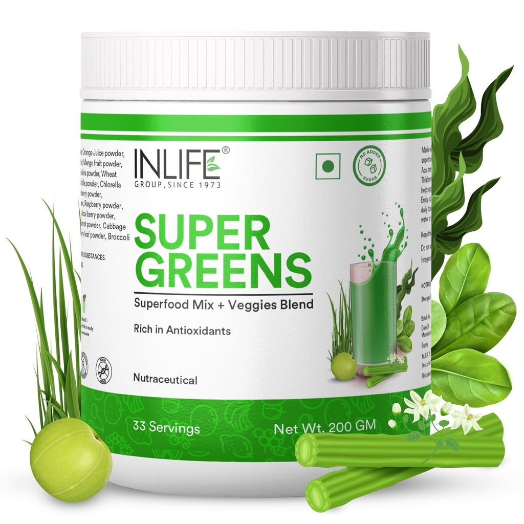 INLIFE Super Greens Powder Supplement, Spirulina Chlorella Moringa, 200g