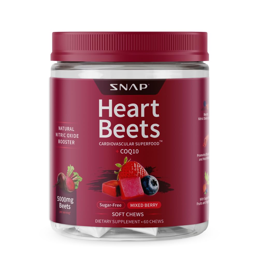 Suppléments de snap Beets du coeur Root Biosoft Chews, Supplément de soutien cardiovasculaire pour les hommes et les femmes, CoQ10 et Épinards rouges, Heart Health & Circulation Support, Sans sucre, Berry mixte, 60 Chews