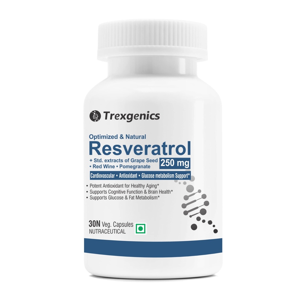 Trexgenics Natural RESVERATROL 250 mg + Grape Seed OPC, Pomegranate Ellagic acid, Red Wine Cardiovascular Health, Antioxidant & Glucose Metabolism VEGAN & NON-GMO (30 Veg. Capsules) (Pack of 1)