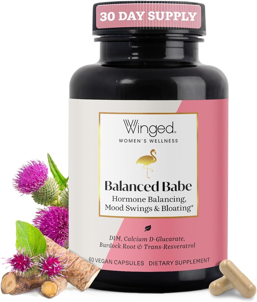 Winged Wellness Balance Babe, Hormone Balance & Estrogen Detox Supplément pour les femmes - 100mg DIM & Calcium D-Glucarate & Lait Thistle pour les PMS Bloating, Crampes, Mood & Hormonal Acne Support, 60 Capsules