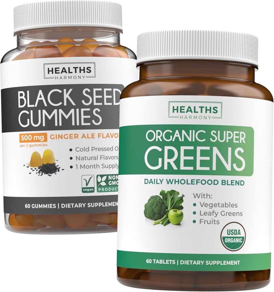 Huile de Graine Noire Gummies & Super Greens (1-Mois) - Boost Vert quotidien - Huile de Graine Noire Gummies Ale Ginger Arôme Nigella Sativa pressé à froid et Super Greens bio Super Supplément alimentaire complet