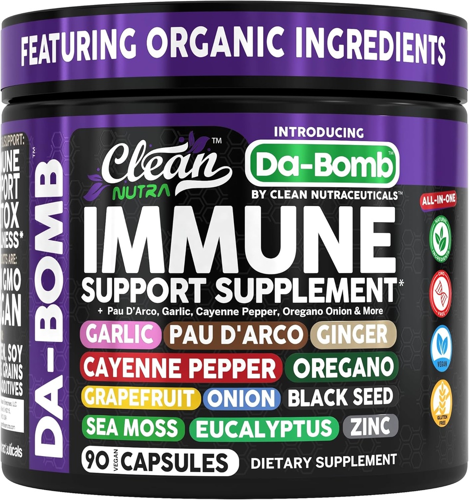 Organic Immune Support with PAU D'Arco Garlic Cayenne Pepper Oregano Ginger Grapefruit Onion Black Seed Sea Moss Black Pepper Zinc Eucalyptus Vitamin C Vitamin D Organic Soursop by Clean Nutra