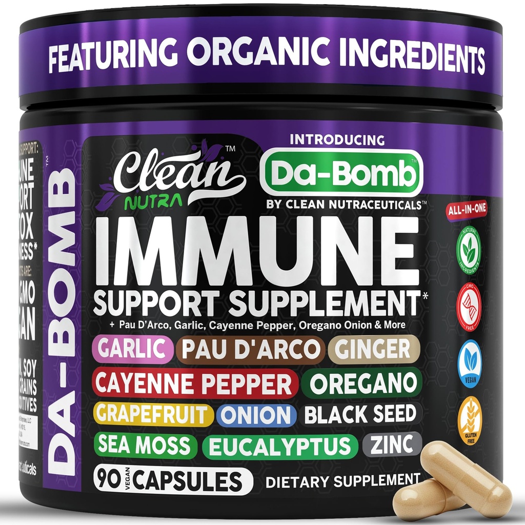 Soutien immunitaire biologique avec PAU D'Arco Ail Cayenne Pepper Oregano Ginger Pamplemousse Oignon Graines noires Mer Moss Noir Pepper Zinc Eucalyptus Vitamine C Vitamine D Sourop biologique par Nutra propre
