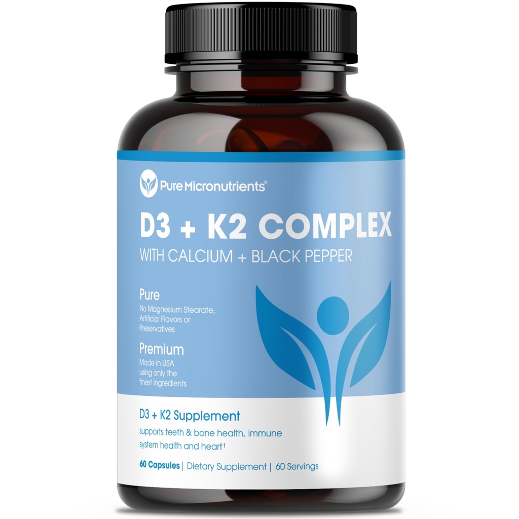 Micronutriments purs Supplément Vitamine D3 K2 MK7 100mcg, D3 5000 iu, Calcium + BioPerine.