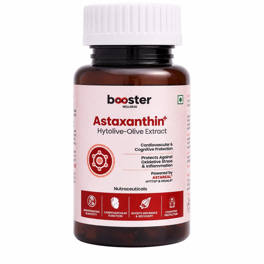 Booster Astaxanthin+ 8mg Natural Astaxanthin Capsules with AstaReal & Hytolive Olive Extract | Antioxidant for Skin, Eyes & Heart | 30 Veg Capsules