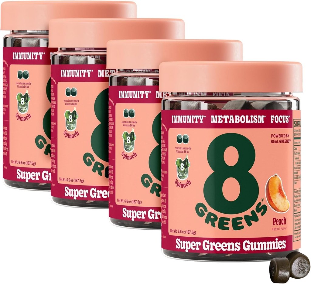 8Greens Supergreens Gummies | Super Greens Powder Superfood Gummy for Metabolism, Immunity & Focus, Digestive Health Enzymes, Organic: Chlorella, Spirulina, Aloe Vera, Peach Flavor, 200 Count