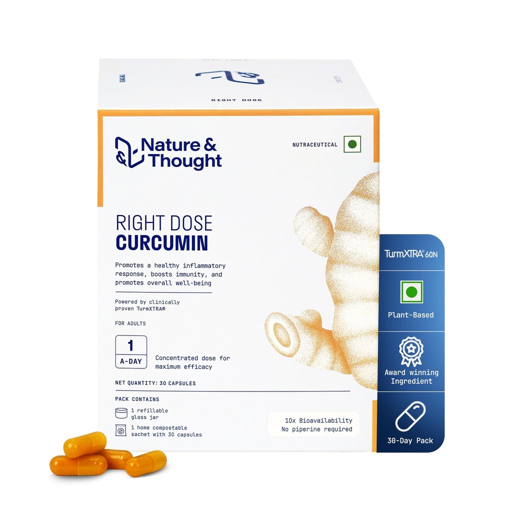 Nature & Thought Right Dose Curcumin with 10X Bioavailability TurmXTRA® w/o Piperine | Immunity, Joint & Muscle, Skin & other benefits | Clinically Validated | 1-A-DAY | 30 Veg Capsules