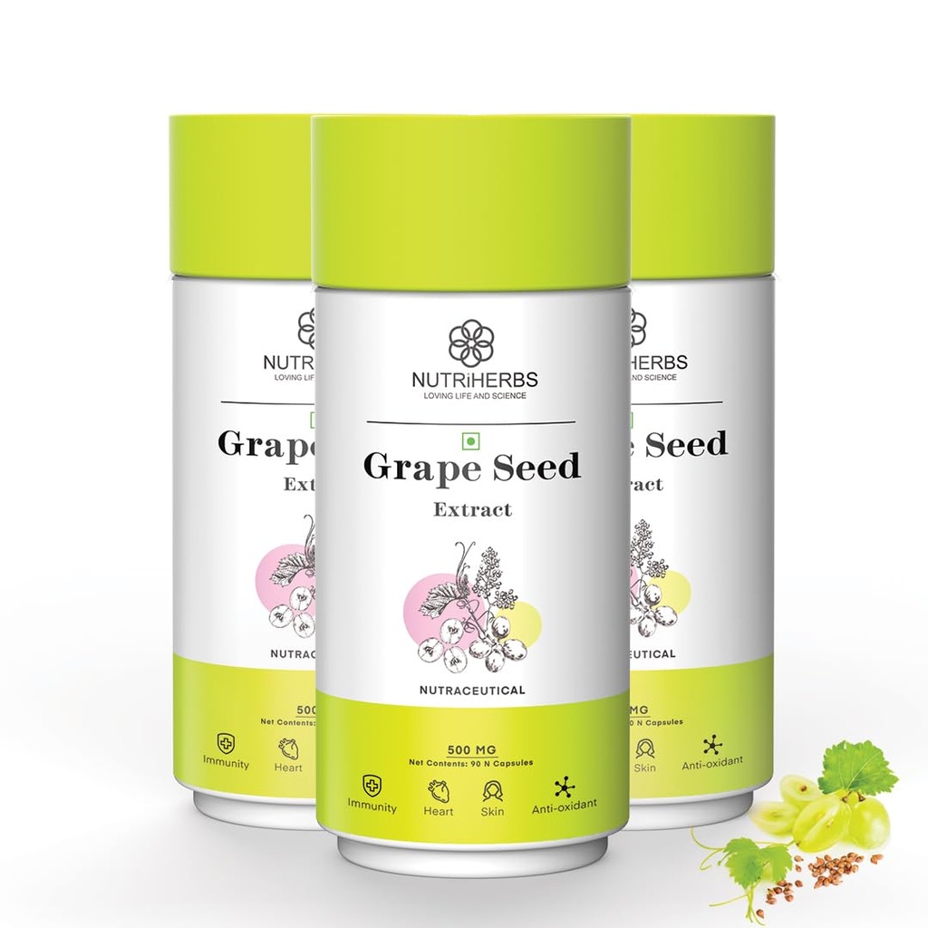 NUTRIHERBS Grape Seed Extract Capsules 500mg - Potent Antioxidant Supplement for Skin & Hair Health, Anti-Aging Support, and Immune Boost - 90 Vegan Capsules Pack of 3