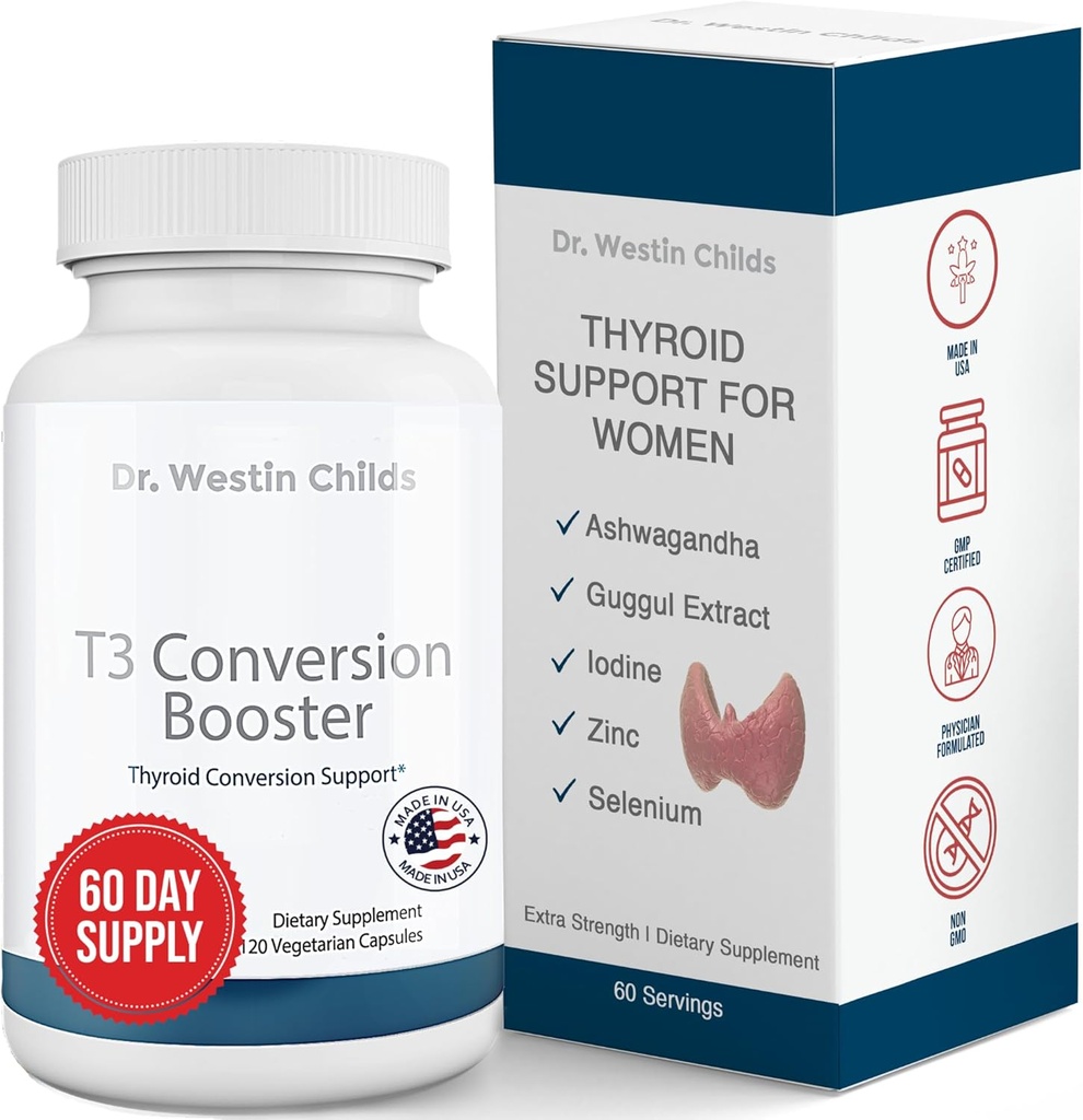 Dr. Westin Childs - T3 Conversion Booster - Thyroïde Support pour les femmes avec hypothyroïdie et Hashimoto - Iodine, Ashwagandha, Guggul Extract, Sélénium et complexe de zinc - 60 portions