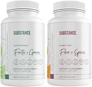 SUBSTANCE. Ensemble : Sustainance de la nature Fruits et légumes quotidiens (120 capsules) + Fibre et épices de la nature (240 capsules) - Améliorer la santé digestive, l'énergie et le bien-être global - Fabriqué aux États-Unis, Vegan-Amis