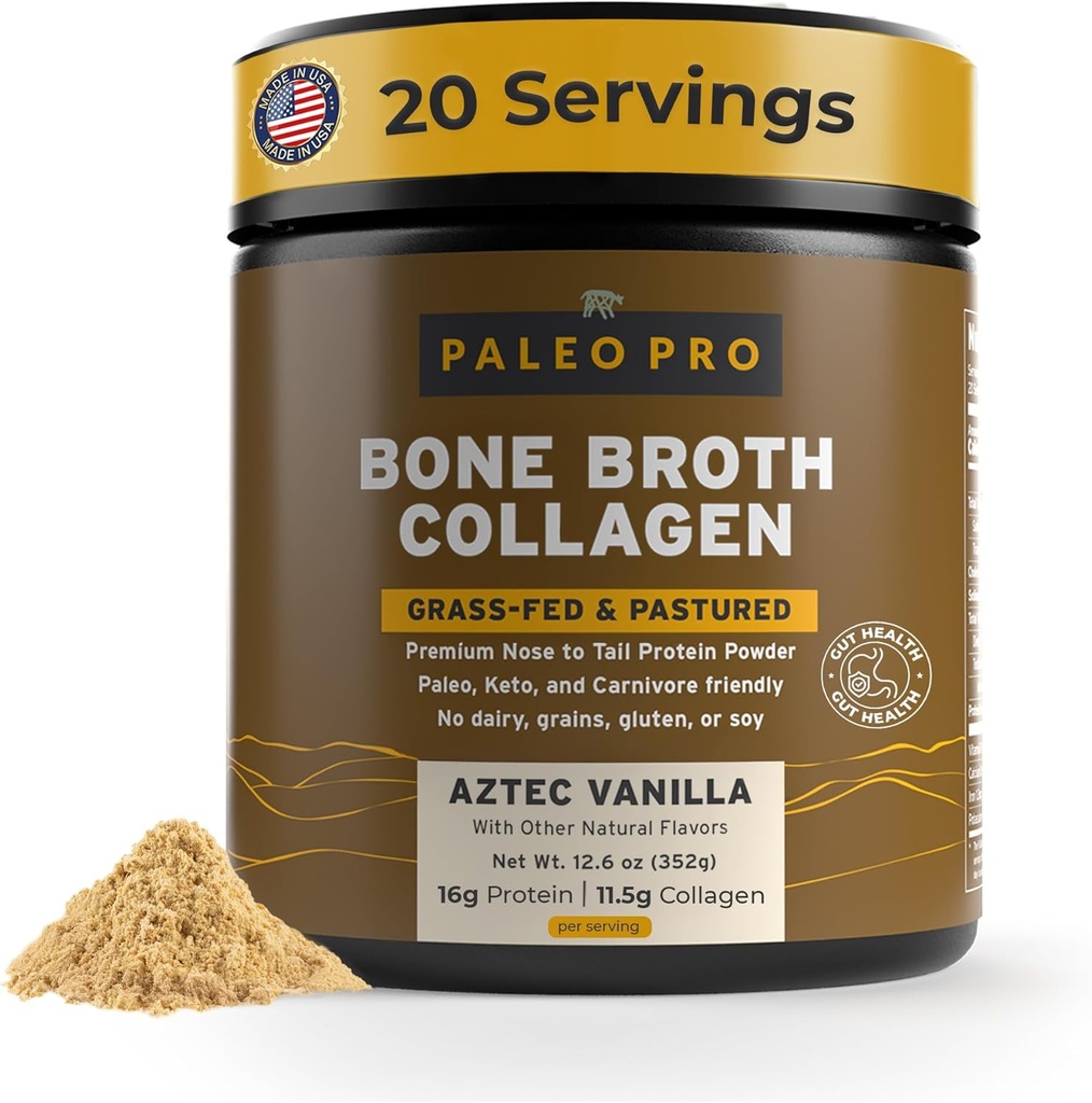 PaleoPro Bone Broth Poudre de protéines de collagène - Poudre de collagène à racine curcuma pour la peau et les os - Sans gluten, sans sucre, sans soja, sans grains, sans glucides - Paleo Keto Friendly 20 portions
