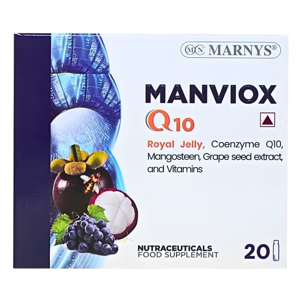 Marnys Manviox Q10 | Premium Antioxidant, anti-ageing and fertility support supplement for both men & women with Co-enzyme Q10, Royal Jelly,vitamins, folic acid & Biotin| 20 drinkable vials
