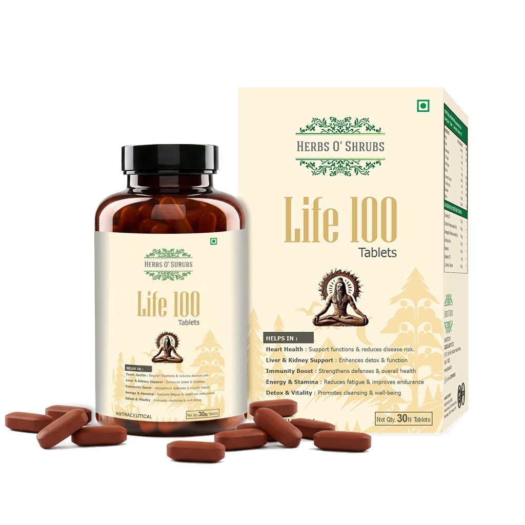 Herbs O' Shrubs Life-100 Antioxidant Support Tablets -30 Count | Daily Energy with CoQ10, Ashwagandha, Spirulina, Resveratrol & L-Carnitine | Immunity Boost | Slow Down Aging for Men & Women