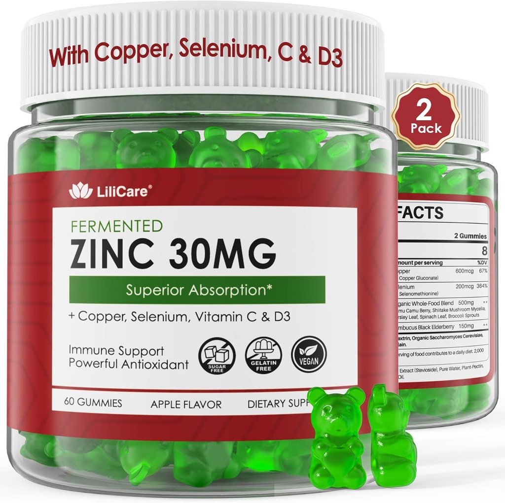 Gommies de zinc + Cuivre, Sélénium, Vitamine C & D3, Suppléments de zinc fermentés pour les femmes et les hommes avec des baies âgées pour le soutien quotidien immunitaire, puissant antioxydant, haute absorption, végétalien, sans sucre, 2 paquets