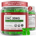 Gommies de zinc + Cuivre, Sélénium, Vitamine C & D3, Suppléments de zinc fermentés pour les femmes et les hommes avec des baies âgées pour le soutien quotidien immunitaire, puissant antioxydant, haute absorption, végétalien, sans sucre, 2 paquets