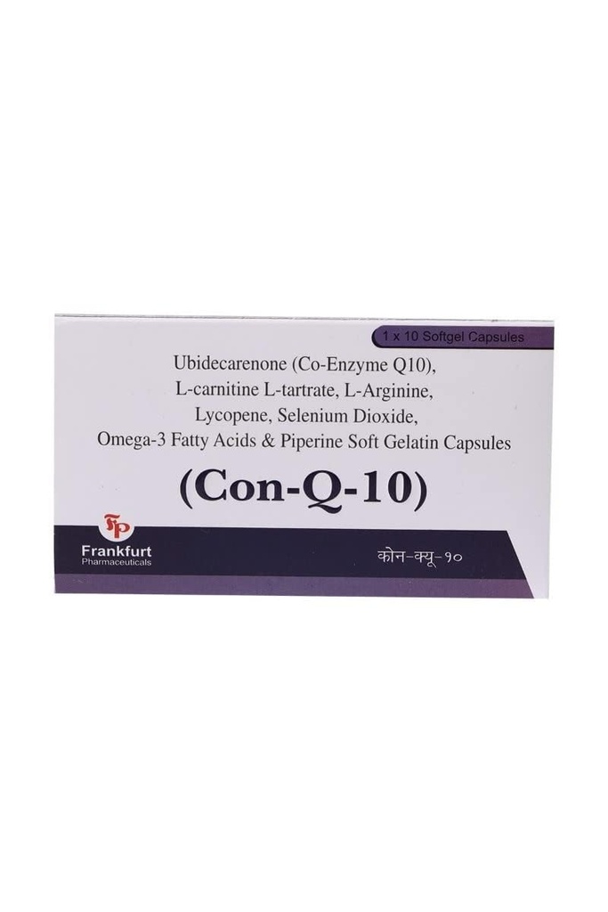 Con-q-10 Capsules Supports Heart and Vascular Health, Promotes Healthy Cellular Function Lycopene L-Arginine L-Carnitine Tartrate Omega-3 Fatty Acids Selenium & Piper Nigrum Soft gel Capsules