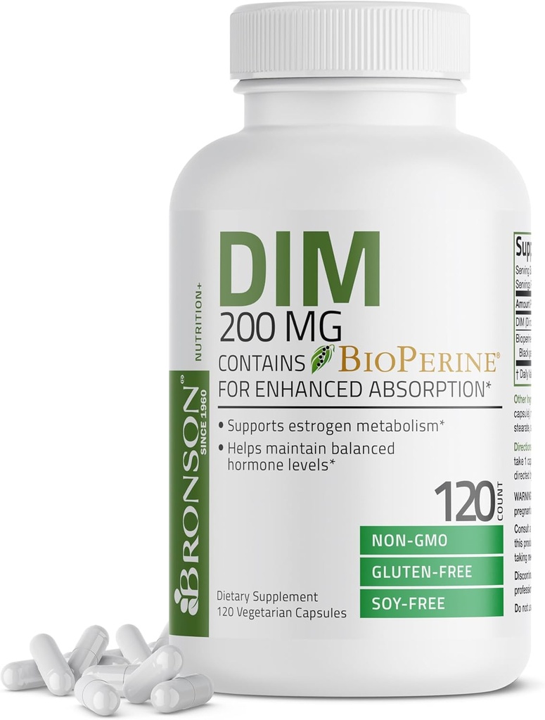 Bronson DIM Supplément 200 MG Diindolyméthane avec BioPerine pour l'absorption accrue, le métabolisme et le maintien des niveaux d'hormone équilibrés, 120 capsules végétariennes