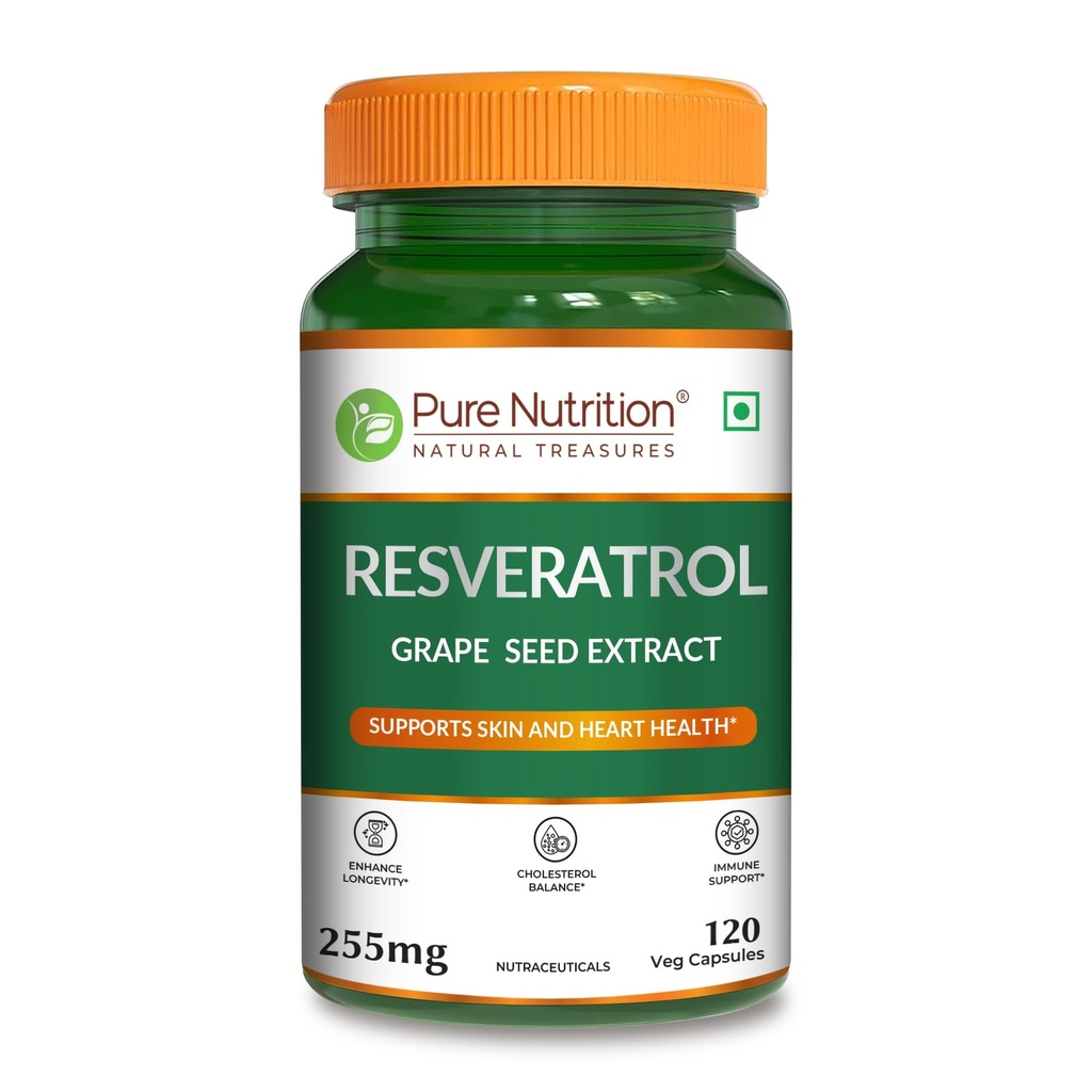 Pure Nutrition Resveratrol 255mg | Resveratrol Supplements with Grape Seed Extract | Antioxidant Support for Heart, Skin & Immunity | Supports Healthy Aging & Cellular Health | 120 Veg Capsules