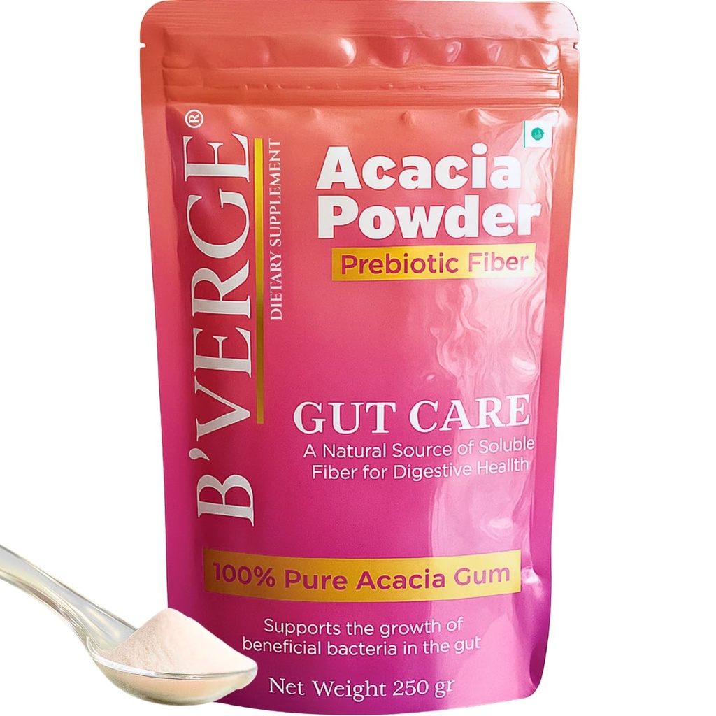 B’VERGE® 100% Acacia Powder Prebiotic – 250g | Ultra Pure Soluble Prebiotic Fiber from Acacia Senegal | Gut-Friendly, Tasteless, Easy to Mix | No Sugar, Additives or Fillers | Keto & Vegan Friendly