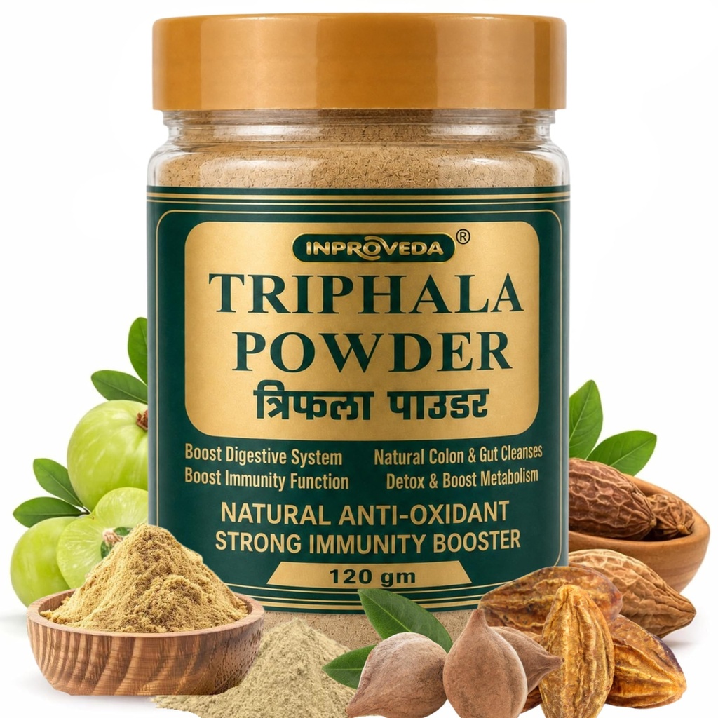 Inproveda Triphala Powder 120gm | Traditional Ayurvedic Churna for Digestion, Detox, Constipation & Colon Cleanse | Pure Amalaki, Bibhitaki & Haritaki | Natural Gut Health Supplement | No Preservatives, Colors or Flavors | Boost Immunity, Anti-Oxidant Triphala Powder - 120gm
