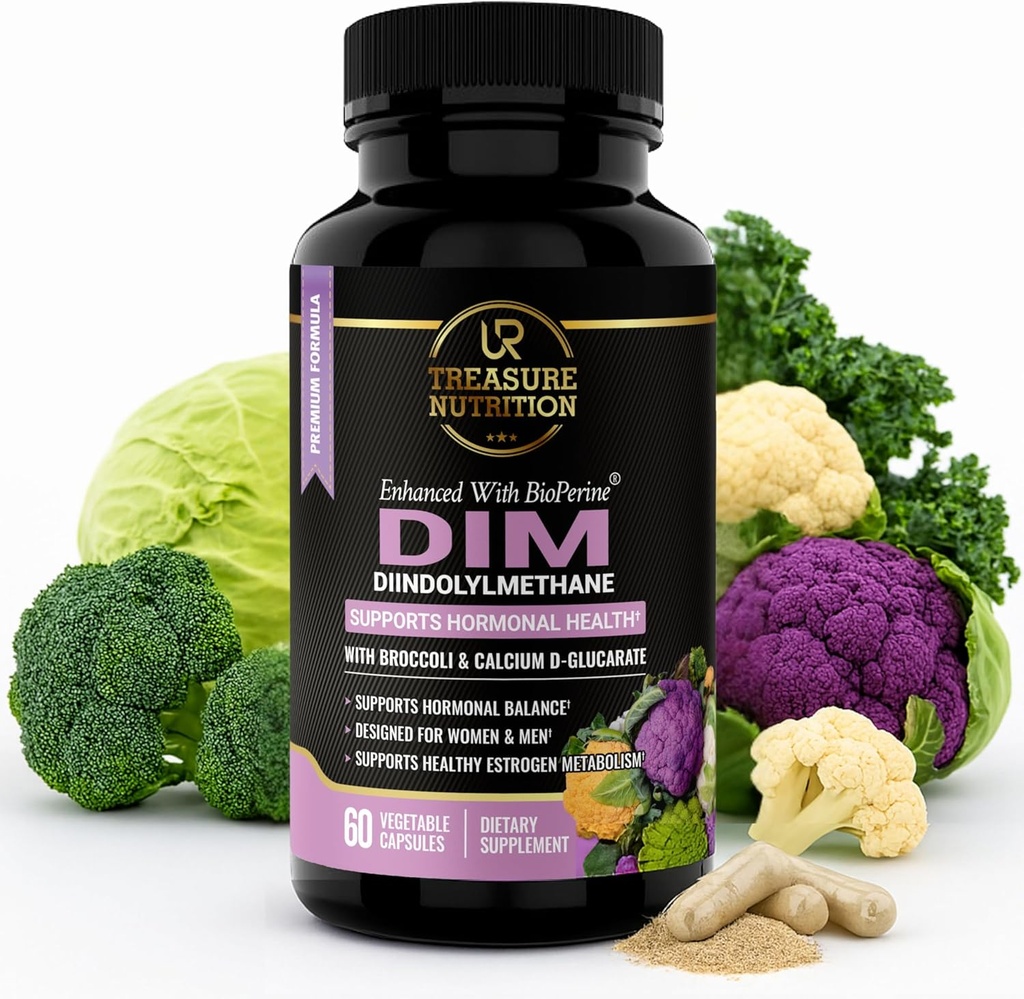 Supplément DIM avec extrait de brocoli et biopérine - Soutien de l'équilibre hormonal naturel pour les femmes et les hommes - Estrogen Balance - Ménopause, Acné - 60 Capsules végétariennes avec Calcium D-Glucarate