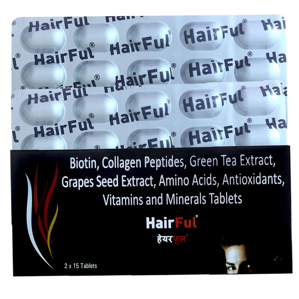HairFul Biotin Tablets-Collagen Peptides, Green Tea Extract and Grape Seed Extract Tablets | Vitamins and Minerals (2x15) 30 Tablets