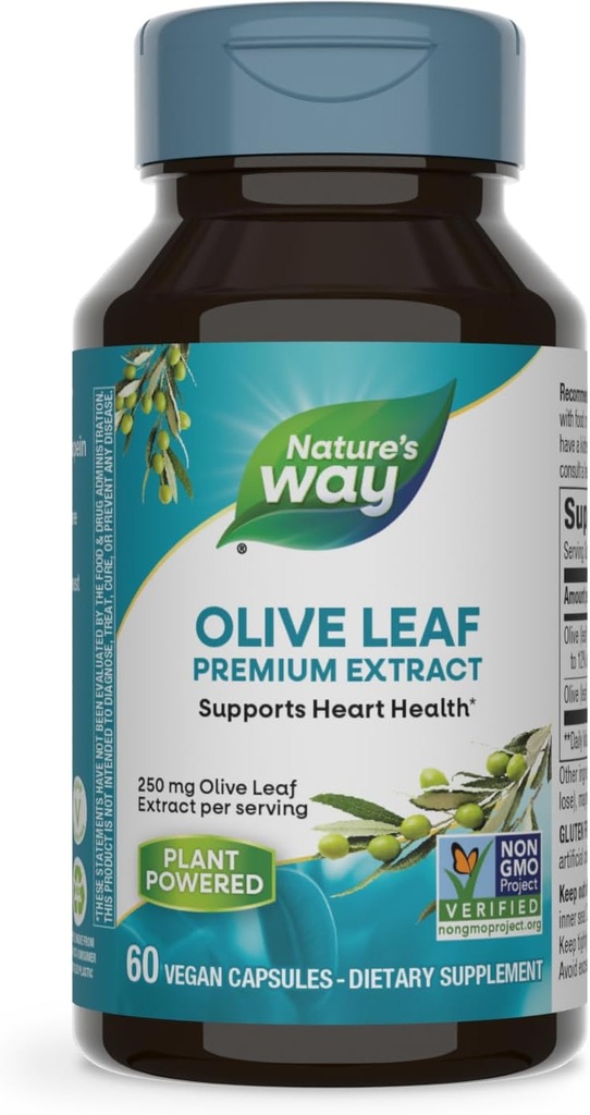 Nature's Way Olive Leaf Premium Extract Supplément, soutient la santé cardiaque*, 250 mg par portion, sans gluten, végétalien, 60 capsules (paquetage mai vary)