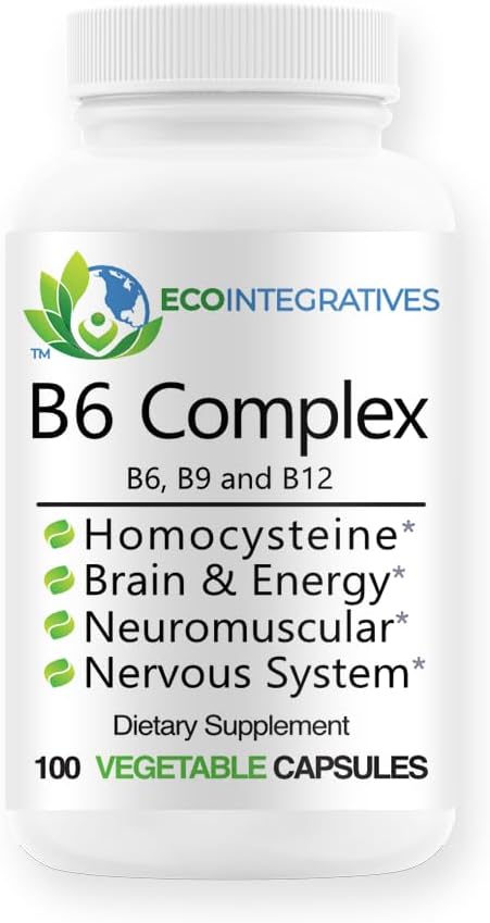 B6 complexe végétalien vitamine B6, B9 folate, B12 méthylcobalamine soutient vasculaire, neuromusculaire, système nerveux, homocystéine, énergie, cellules sanguines et santé des os 100 capsules