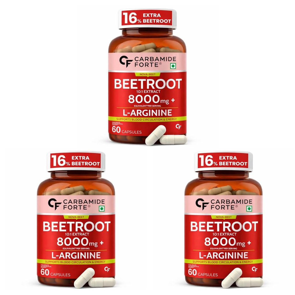 Carbamide Forte Beetroot Capsules Extract 8000mg | Beetroot Supplement With L-Arginine & Grape Seed Extract | Supports Healthy Blood Flow, Energy, & Nitric Oxide | 60 Capsules (Pack of 3)