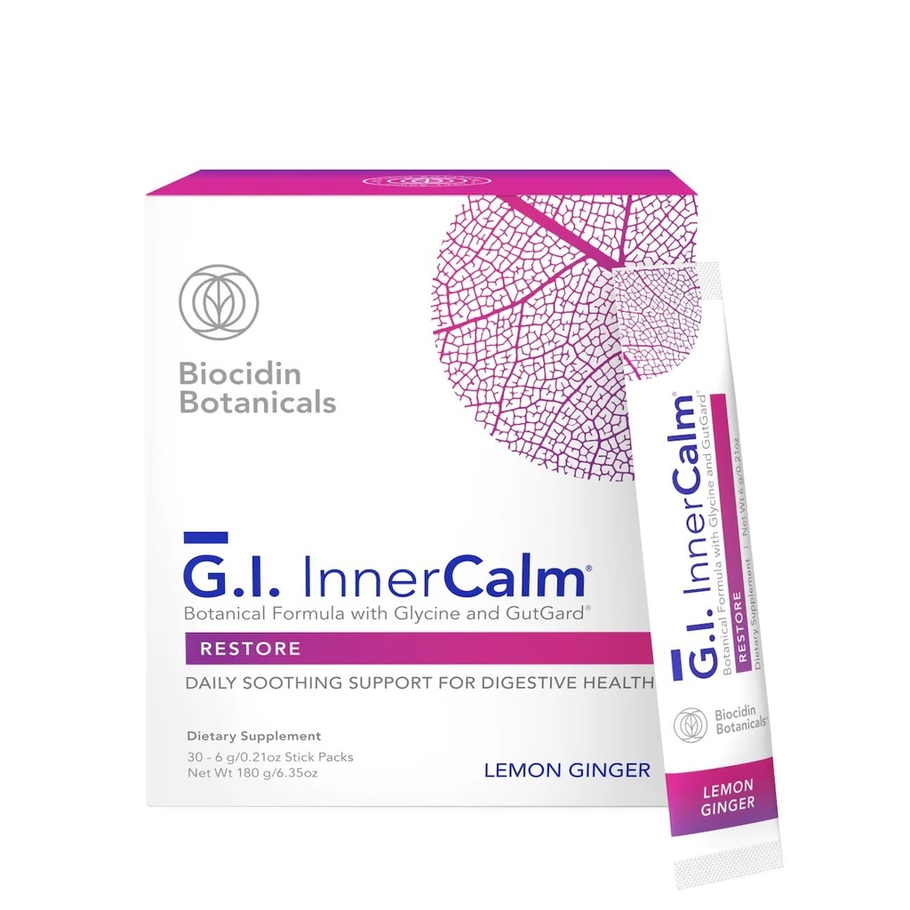 Recherche bio-botanique Biocidin Drink Mix - GI InnerCalm - Soutien santé digestive, GI détox, une humeur saine et un sentiment de relaxation - Formule apaisante avec Glycine et sans glutamine (30 Stick Packs)