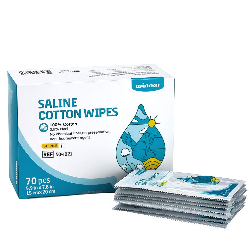 Winner Stérile Saline Wipes, 6" x 8" Large Personal Care Wipes, Gentle Saline Pads for Piercings, Multi-Purpose for Sensitive Eyes and Face, Enveloppé individuellement, 70 Compte