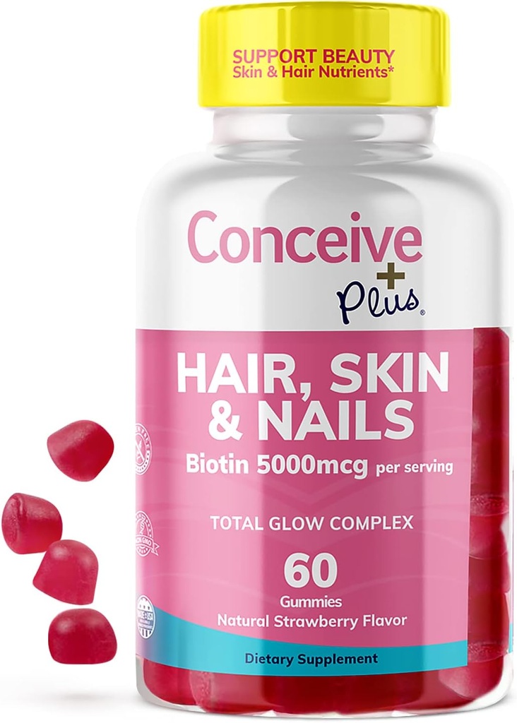 CONCEIVE PLUS Peau et ongles Gommies - Biotine extra-strength, VIT A, C, D3, E Vitamines - Vegan, Supplément de croissance des cheveux - Sans gélatine - 60 Compte
