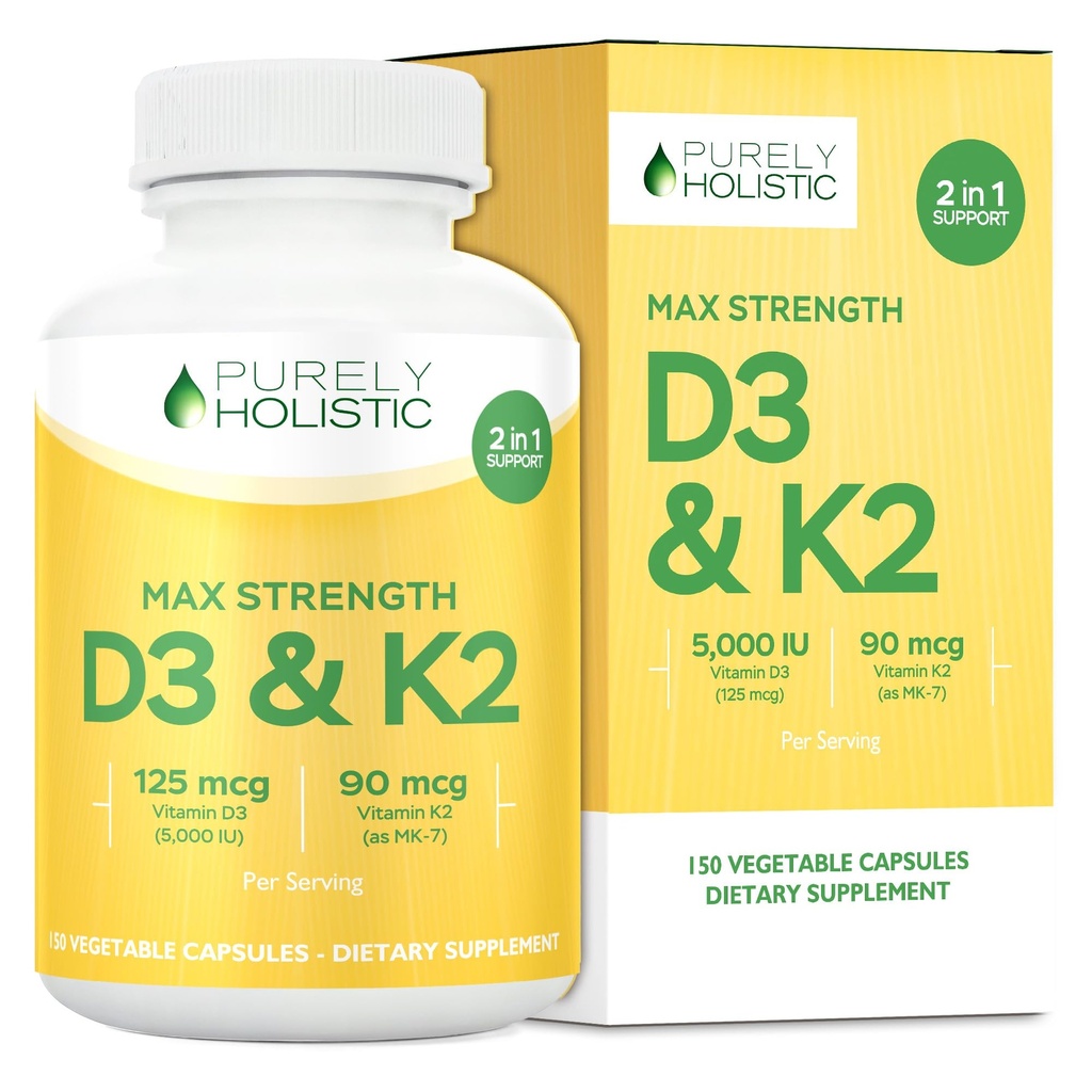 Vitamine purement holistique D3 125mcg et vitamine K2 90mcg MK7-4 mois d'approvisionnement 150 Capsules végétariennes - Vitamine D3 & K2 Menaqunione - Cholecalciferol haute résistance Fabriqué aux États-Unis
