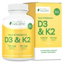 Vitamine purement holistique D3 125mcg et vitamine K2 90mcg MK7-4 mois d'approvisionnement 150 Capsules végétariennes - Vitamine D3 & K2 Menaqunione - Cholecalciferol haute résistance Fabriqué aux États-Unis