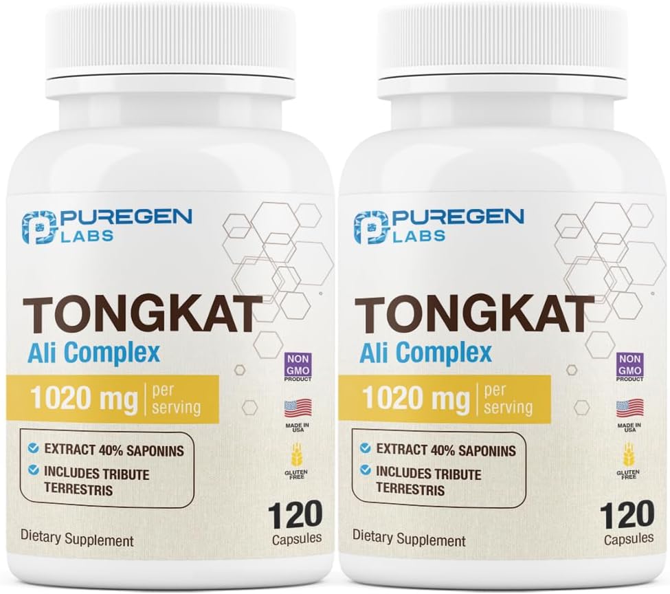 Puregen Labs Tongkat Ali Extrait 200 à 1 pour les hommes, 1020mg par portion, [High Potency] Total 240 capsules - Soutien de la santé des hommes avec 20mg Tribulus Terrestris.